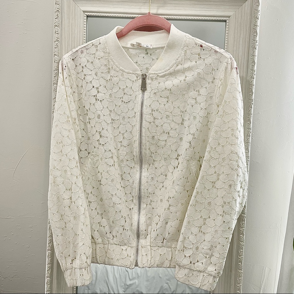 🌷White Lace floral zipper see through long sleeve jacket blazer